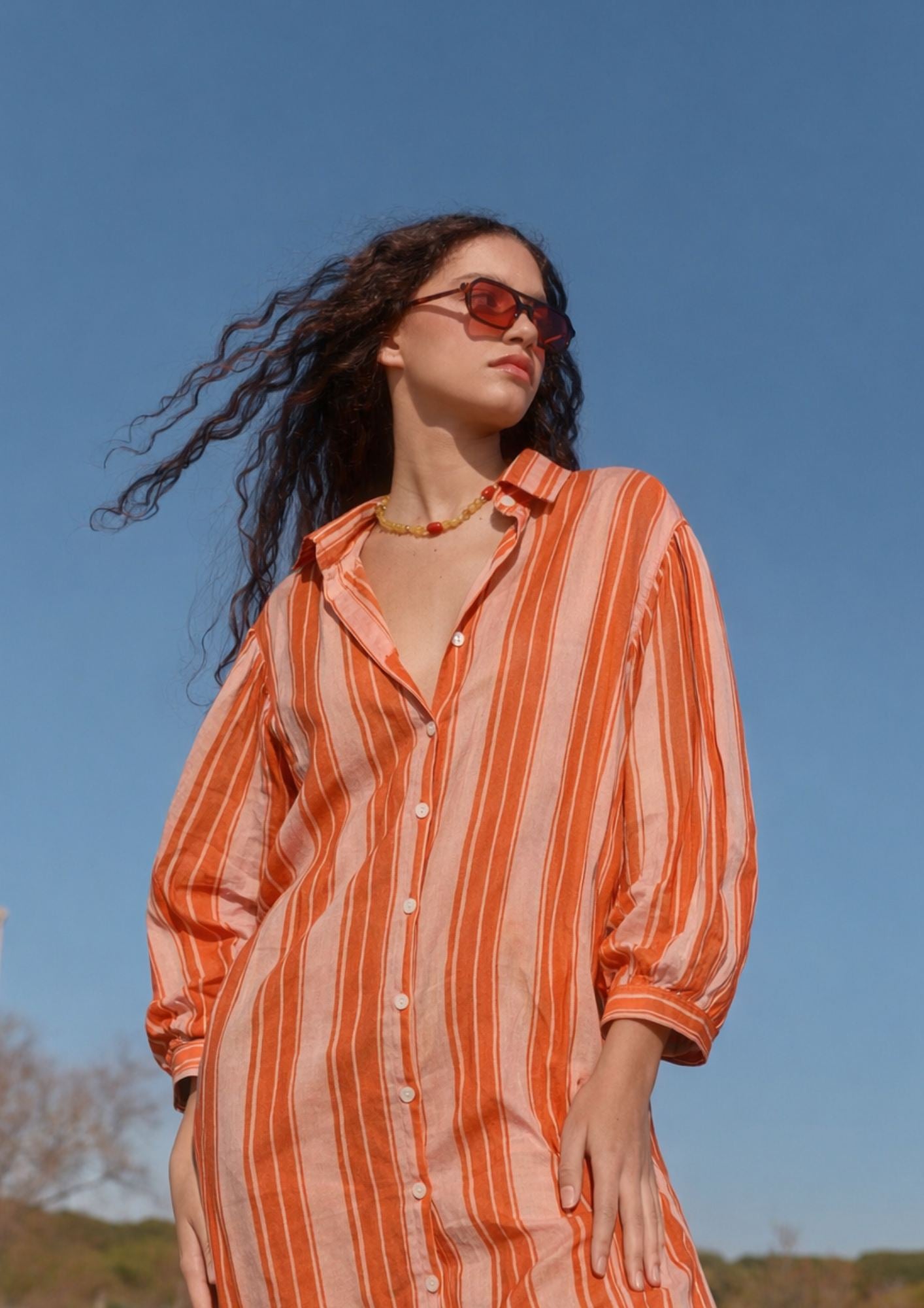 orange and white striped shirt dress Mersea Women's Sailor Button Down Shirt Dress in Coral Rose Stripe
