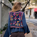 Love embroidered vest, medium blue